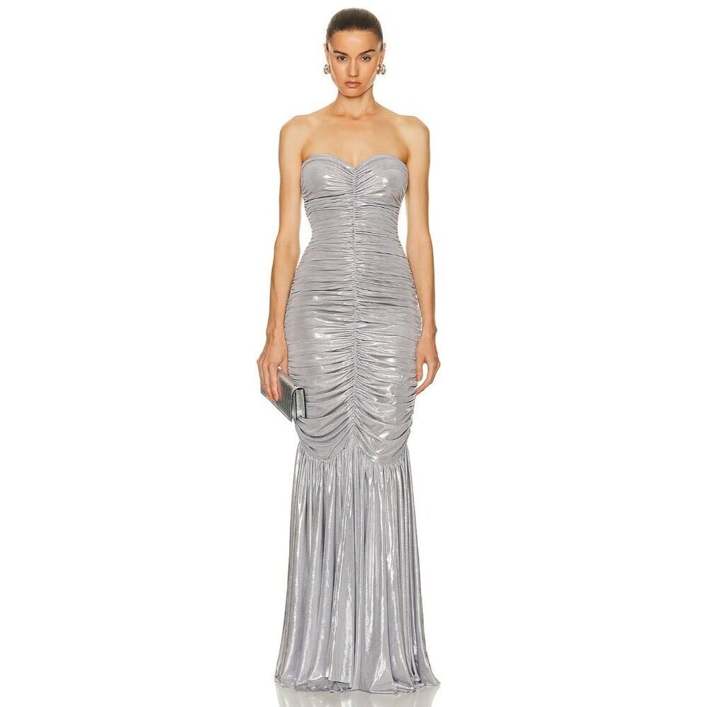 NORMA KAMALI Slinky Fishtail Gown Silver Womens Size XXS 32